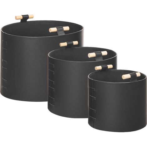 Conjunto de 3 cestas de almacenaje hechas a mano con asas de piel sintética negra Aram