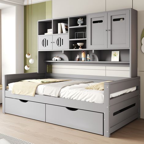 Lit avec tiroirs 90x200 cm, lit enfant avec rangement, gris, sans matelas (1/5)