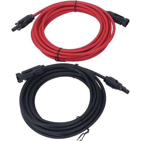 Lot de 2 câbles d'extension pour panneaux solaires 12AWG 4 mm², noir et rouge, avec connecteurs mâle et femelle, 1000 V CC, 5 m / 16,4 pi (1/5)