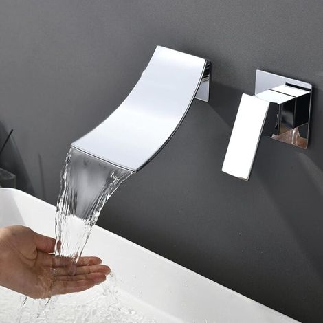 Robinet de salle de bain cascade, robinet de lavabo encastré pour montage mural - Robinet mural 2 trous avec poignée simple et grand bec mitigeur pour salle de bain - Chromé (1/4)