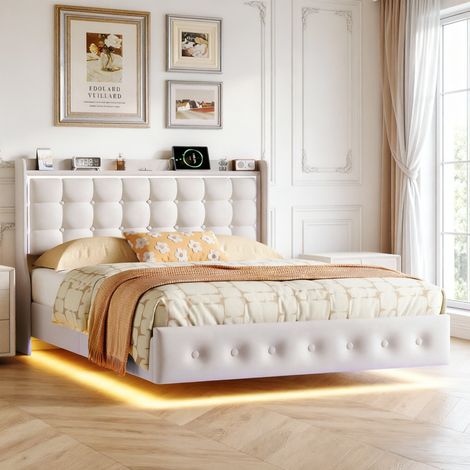 Lit double rembourré 160 x 200 - Lit adulte 160 x 200 - Lit suspendu avec bande LED - Ports 2 USB et Type-C - Velour beige - Tablette de chevet - Sommier à lattes (1/5)