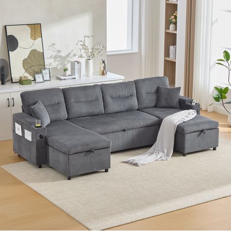 Divano letto 4 posti in velluto a coste con doppia chaise longue, contenitore, USB-C, grigio OKWISH (1/5)