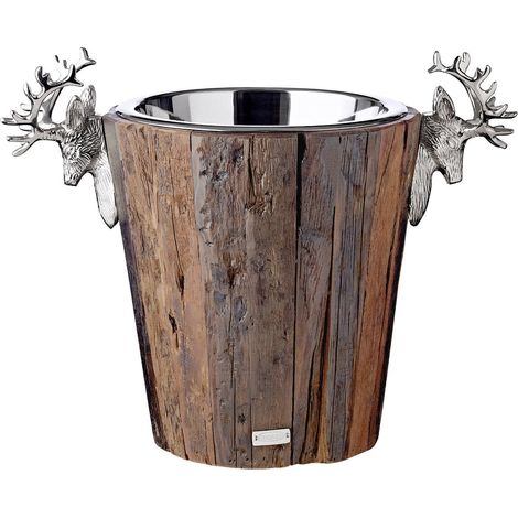 Seau à champagne avec 2 têtes de cerf, teck et acier nickelé, hauteur 30 cm - PANGIVO (1/5)