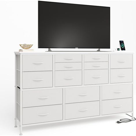 Commodes et buffets avec prise de courant, 16 tiroirs en tissu avec poignées, rangement de vêtements, peut contenir jusqu'à une télévision de 155 cm, blanc (1/5)