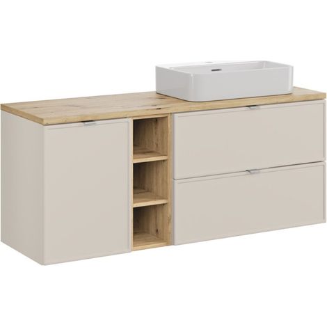 Insieme BRAZZA: mobili sottolavabo con cassetti 140cm con cesto della biancheria e nicchie visibili + top per lavabo + lavabo da appoggio