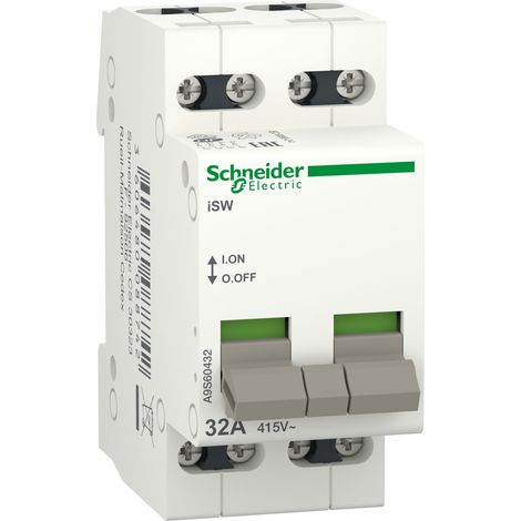 Schneider Electric – A9S60432 – Interrupteur modulaire 4P 32A 415VCA – Acti 9 ISW – Système de connexion à vis 10mm²