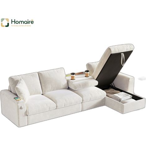 Canapé en velours beige avec rangement, port USB et accoudoirs 280 x 137 x 84 cm HOMAIRE (1/5)