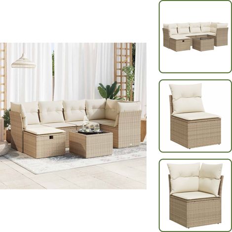 7-tlg. Garten-Sofagarnitur mit Kissen Beige Poly Rattan - Gartensofa Set - Garten Sofa Set - Outdoor Sofa Set - Garten Sofagarnitur (1/5)