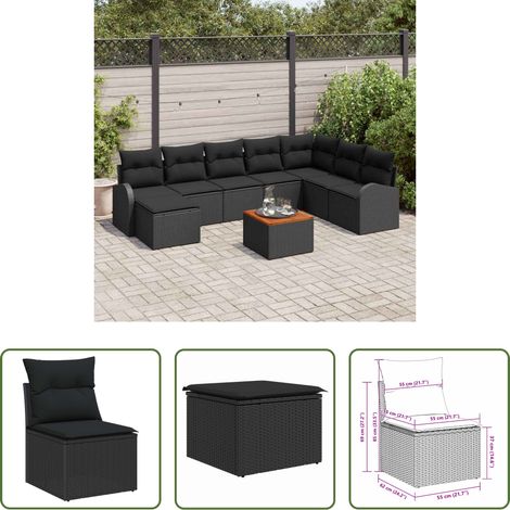 Salon extérieur -  Ensemble de canapé de jardin avec coussin 9 pcs Noir polyrotin (1/5)