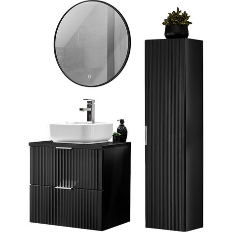 Badmöbel Set mit Keramik Waschbecken und LED Spiegel, matt schwarz mit gerillter Front, ADELAIDE-56-BLACK, B/H/T ca. 110/200/46,5 cm (1/5)