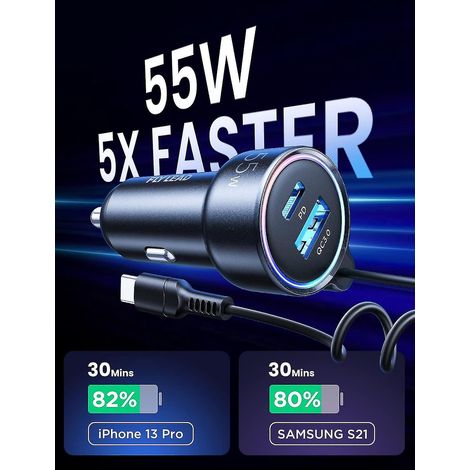 USB-C-Autoladegerät, 55-W-Schnellladeadapter mit 3 Anschlüssen, kompatibel mit PD 3.0 und QC 3.0 (1/4)