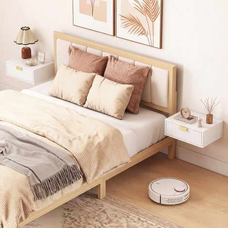 HOMCOM Lot de 2 Tables de Chevet Suspendues (40x30x15cm) avec Tiroir à Façade Ondulée, Finition Blanche, Design Moderne pour Chambre à Coucher (1/5)