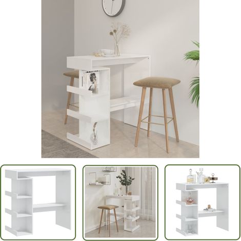 The Living Store Bartisch mit Regal Hochglanz-Weiß 100x50x101,5 cm - Stehtisch - Bartisch - Bistrotisch - Kücheninsel - Wohnraum (1/5)