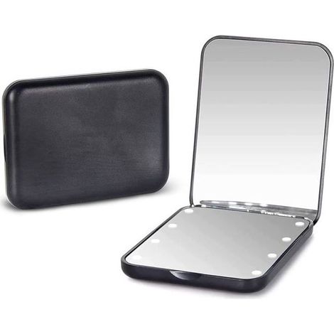 Miroir de poche, miroir de maquillage portable à LED avec grossissement 1x/2x, avec lumière, double face, pliable, portable, noir. (1/5)