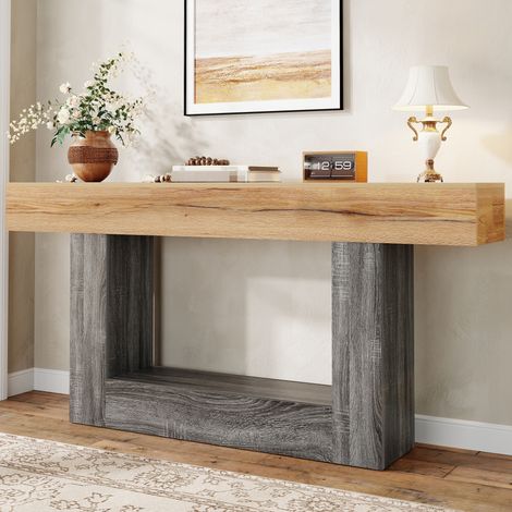 Console bicolore avec effet bois,console pour couloir/salon,plateau épais,compartiment de rangement inférieur,matériau en carton