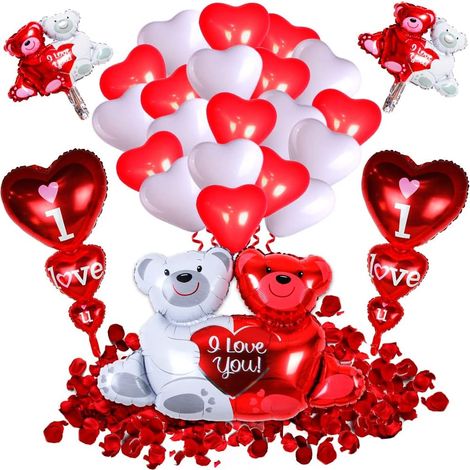 Décoration de ballons pour la Saint-Valentin, ballon ourson « Je t'aime », ballons cœurs rouges et blancs, pétales de rose rouges, décoration romantique pour mariage, anniversaire. (1/4)