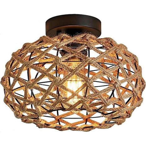Plafonnier vintage rotin et métal, Suspension bohème avec abat-jour en osier tressé – Douille E27 – Style industriel rustique pour salon, chambre, couloir – Luminaire de plafond décoratif – Sans ampou (1/5)