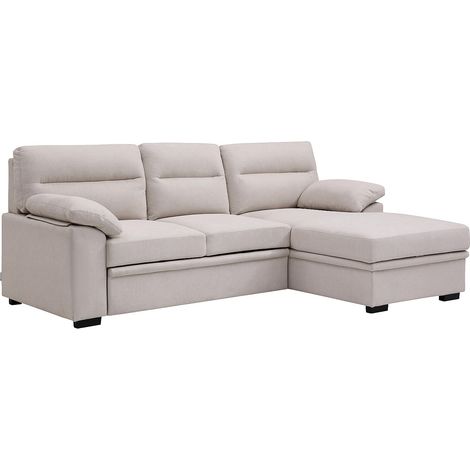 Divano letto angolare destro in tessuto beige con tavolino - ULENIO