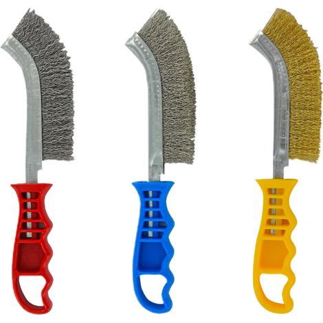 Set of 3 Hand Brushes - Metal Brushes in Steel, Brass-Plated Steel and Stainless Steel - Ergonomic Handles (1/2)
