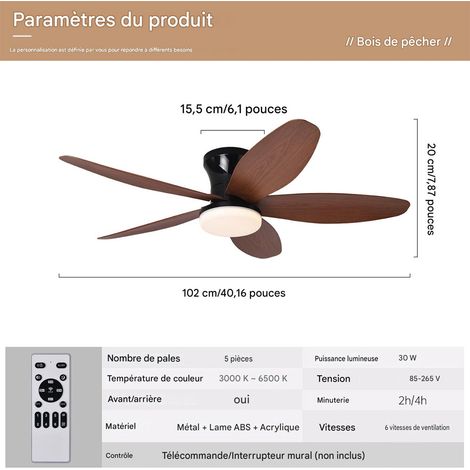 Ventilateur de plafond design 42 pouces, suspension LED avec télécommande, moteur silencieux, éclairage 3 couleurs, Bois Noyer Noir (1/3)