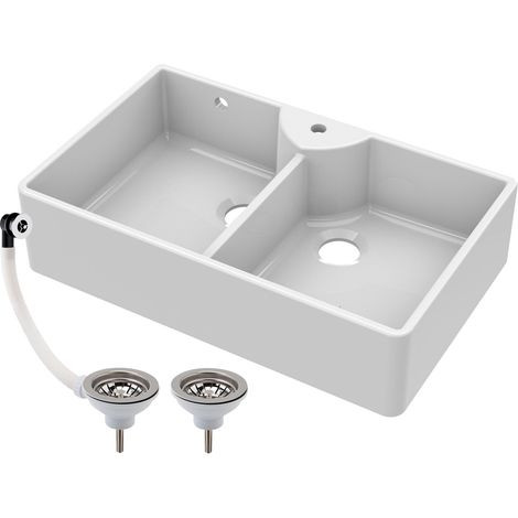895mm - 2 Bowl Fireclay Butler Kitchen Sink - Stepped Weir, Tap Hole & Waste (1/5)