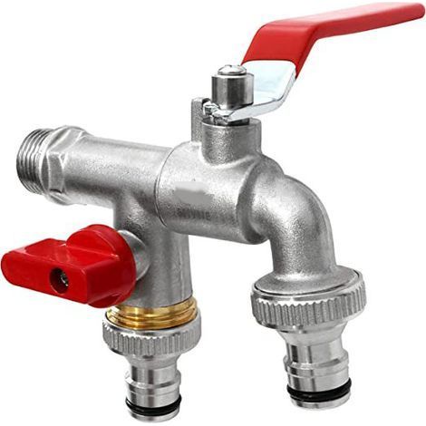 TAISHENGDA- Robinet Double 3/4 Pouce, Robinet de Jardin, Robinet Double en Laiton avec 2x 3/4 Pouces, Double Raccord et Embout de Tuyau pour Jardin, le Ménage et L'industrie (rouge)