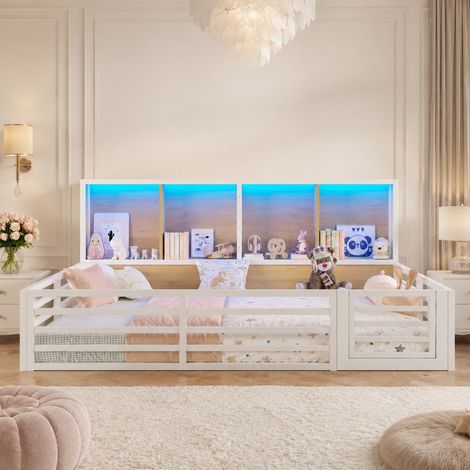 Lit enfant 140x200 cm métal MDF blanc, LED avec rangements, gain de place, sans matelas – MEUBLIV (1/5)