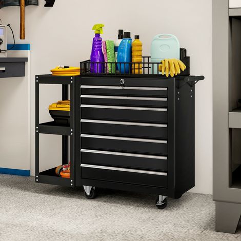 Carro de taller/carro para herramientas con 7 cajones, estante lateral extraíble, 4 ruedas con freno, 96x33,5x75cm, negro