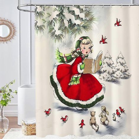 rideau de douche vintage de Noël, rideau décoratif mignon avec sapin de Noël pour salle de bain, motif hivernal rétro enneigé, tissu pour chambre d'enfant (1/5)