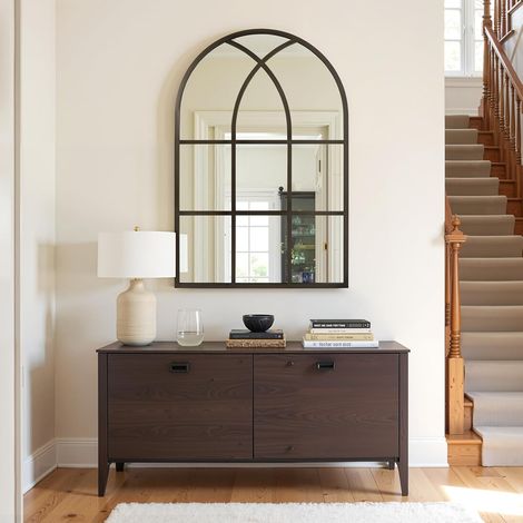 Miroir en Arc de 60x90 cm Miroir de Fenêtre en Bronze Style Rustique à Carreaux pour Mur Décoration Intérieure Salon Couloir Entrée Jardin Extérieur (1/5)