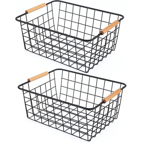 pièces - Panier de rangement - Panier métallique - Poignée en bois - Panier de rangement pour placards de cuisine - Convient pour le plan de travail en cuisine et chambre à coucher - Zwart (1/5)