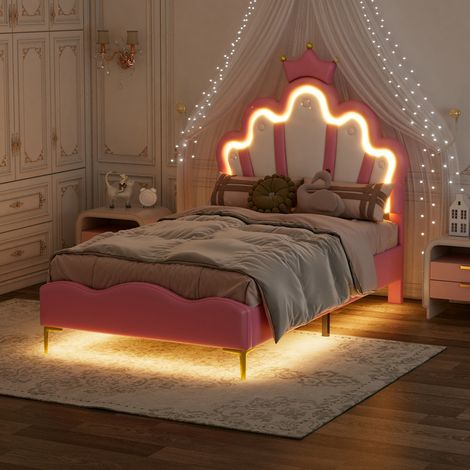 Blanketswarm – Lit simple 90x200 cm avec tête de lit nuage – Rembourré en tissu doux – Éclairage LED intégré – Sommier à lattes inclus – Conception couronne rose (1/5)