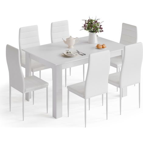 Ensemble table et chaises avec 6 chaises table à manger bois massif pour salle à manger cuisine, Blanc Mondeer