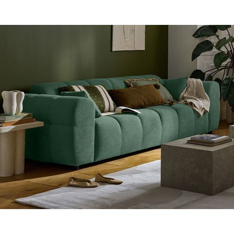 Lisa Design – Canapé droit 3 places en tissu texturé – Assise bombée et dossier incurvé – Dimensions 230x95cm – Style contemporain vert sauge (1/5)