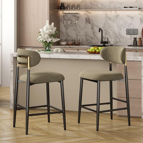 Tabouret Bar, Tabouret de Bar lot de 2, Chaise de Bar avec Dossier Enveloppant et Mousse Haute Densité, Pieds en Métal Noir et Détails Dorés, Convient aux Cuisines, Cafés et Bars, Marron (1/5)