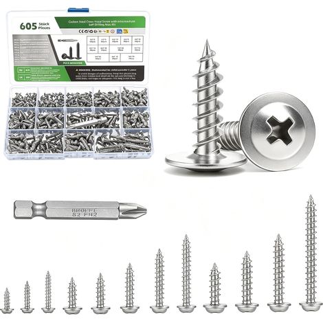 Lot de 605 vis à tôle autotaraudeuses M2 M3 M4 Vis de carrosserie à tête plate cruciforme Vis à tête bombée Argenté pour bois, métal, plastique (argenté) (1/5)