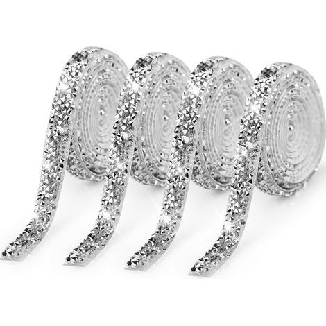Lot de 4 rouleaux de ruban de diamant autocollant en cristal et strass(argenté, 10 mm) Décoration argentée Pour mariage, anniversaire, décoration DIY (1/5)