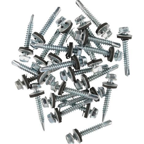 Lot de 25 vis de toiture en acier léger 5,5 mm x 50 mm (n°12 x 2) Tête hexagonale avec rondelle d'étanchéité EPDM auto-foreuse (1/5)