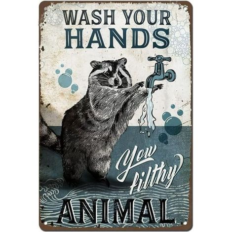 Plaque en métal vintage – Décoration de salle de bain avec raton laveur « Lavez-vous les mains, sales gosses », 20 x 30 cm, style rétro, pour la cuisine, la maison et le jardin. (1/5)
