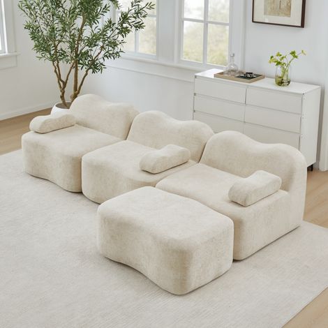 Sofa modulare 3 posti beige in velluto con seduta profonda e design senza telaio (1/5)