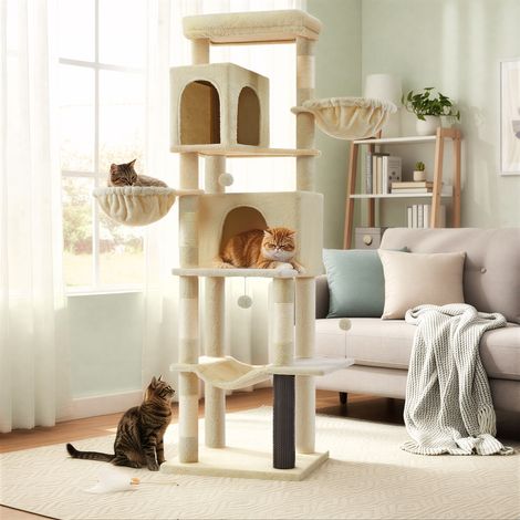 Grand Arbre à Chat 190 cm, 2 Paniers, 2 Niches, 5 Griffoirs, Toilettage Autonome, Hamac, Perchoir, Beige