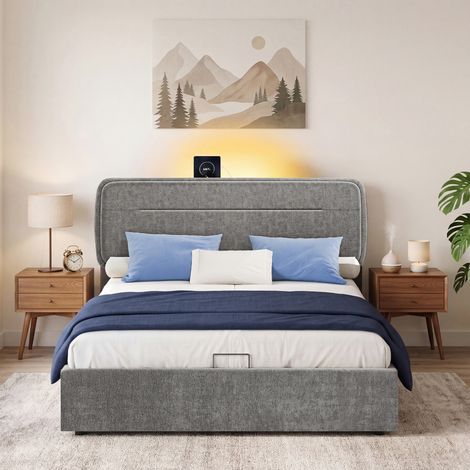 Cadre de Lit Double 140 x 190 cm, avec Tête de Lit, Rangement, LED, Chambre, Ports de Charge, Gris (1/5)