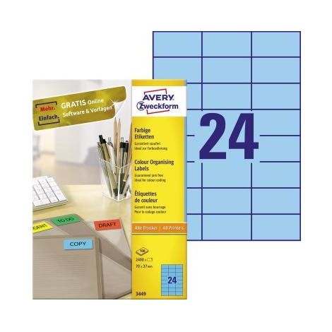 Avery Zweckform 3449 Farbige Etiketten, A4, 70 x 37 mm, 100 Bogen/2.400 Etiketten, blau (1/5)