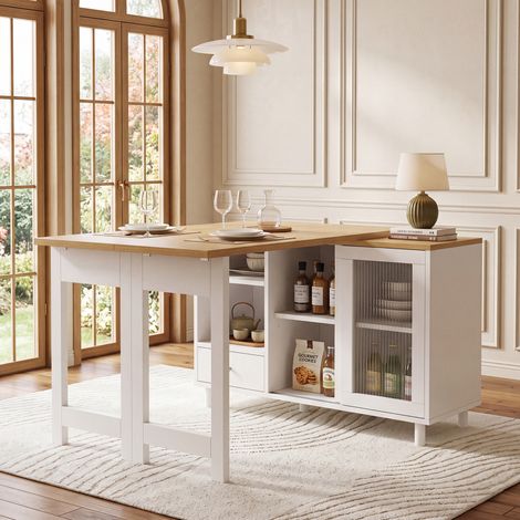 Modernluxe - Table de salle à manger extensible et pivotante - rotation à 360° - avec 2 portes vitrées et 1 tiroir - Blanc + naturel (1/5)