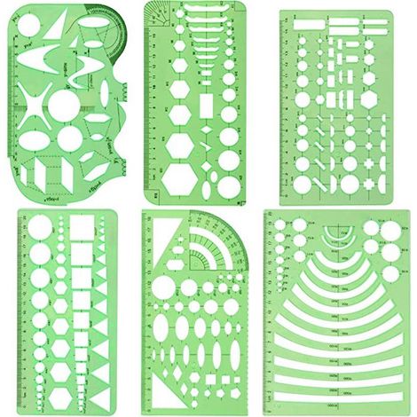 Lot de 6 normographes pour croquis et schémas - Gabarits techniques de traçage - Cercles, triangles, carrés, rectangles - 10 formes géométriques tailles variées - Pochoir résistant aux chocs (1/5)