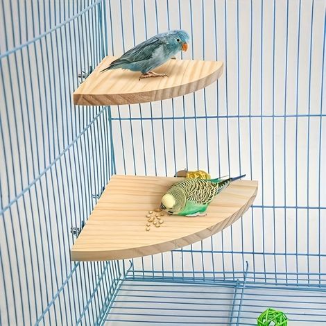 Plateforme d'angle en bois naturel pour cages à oiseaux – Perchoir pour perroquets, hamsters, petits animaux et oiseaux (Lot de 2) (1/5)