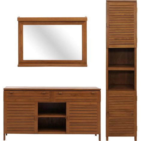 Teak-Badezimmer-Set HHG-759, Waschtisch Hochschrank Wandspiegel Badezimmer, hochwertiges B-Grade-Teak (1/5)
