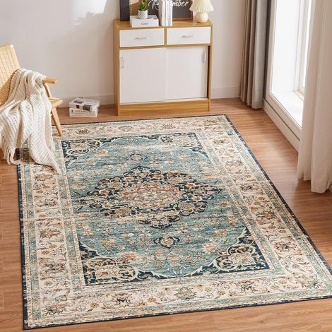 Tapis Salon Lavable Chambre Pile Courte et Douce 120X170CM Carpet Doux Chambre Rectangulaire Tapis Intérieur Extérieur Dessous antidérapant Bleu Vintage (1/5)