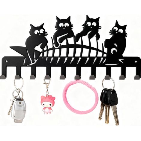 Porte-clés mural noir, porte-clés multifonction en métal pour cuisine, couloir, porte d'entrée, entrée de chambre à coucher (quatre chats)