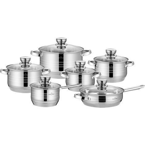 Batterie de Cuisine 12 Pièces Collection Montreux Acier Inoxydable Corps 201 Fond 430 Tous Feux dont Induction Casserole Faitouts Sauteuse Ø16 à Ø24 cm Couvercles Verre